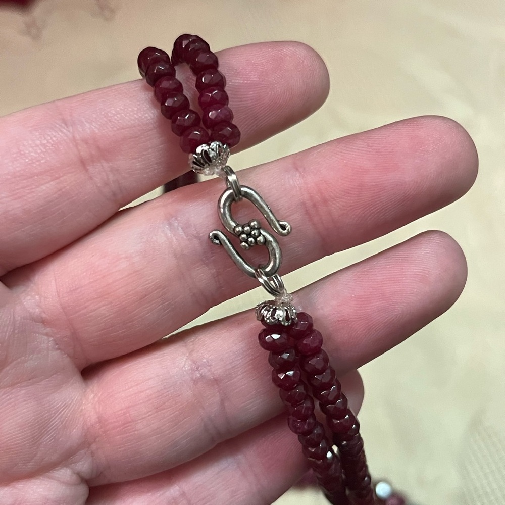 VTG Boho Bali Style Faux Ruby Pearl Beaded Silver Tone Metal Necklace - Picture 4 of 8